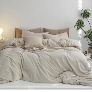 MooMee California King Duvet Cover Set, 100% Washed Cotton - Cream Grey
